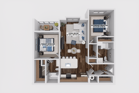 Floor plan for 2 beds, 2 baths, 1075 sqft